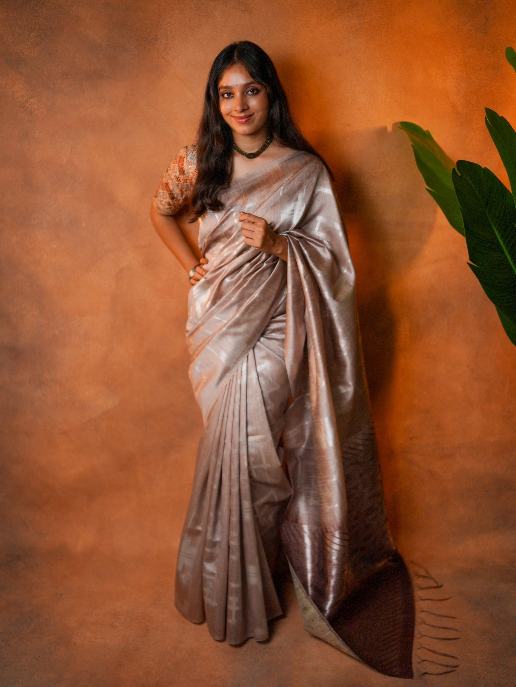 Tissue Silk Saree Champagne Beige Silver Geometric - TSS-1-1003 - view 1